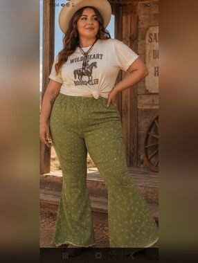 L&B Lucky & Blessed Olive Green Cattle Brand Extreme Flare Pants 3X
